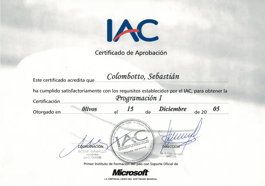 Programming I certificate